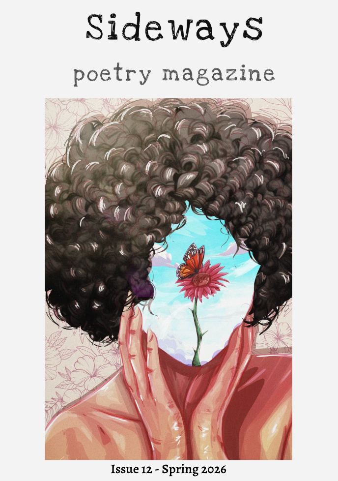 front cover of a poetry magazine. Sideways poetry magazine logo with an image of a lady of colour whose face features a butterly on a flower